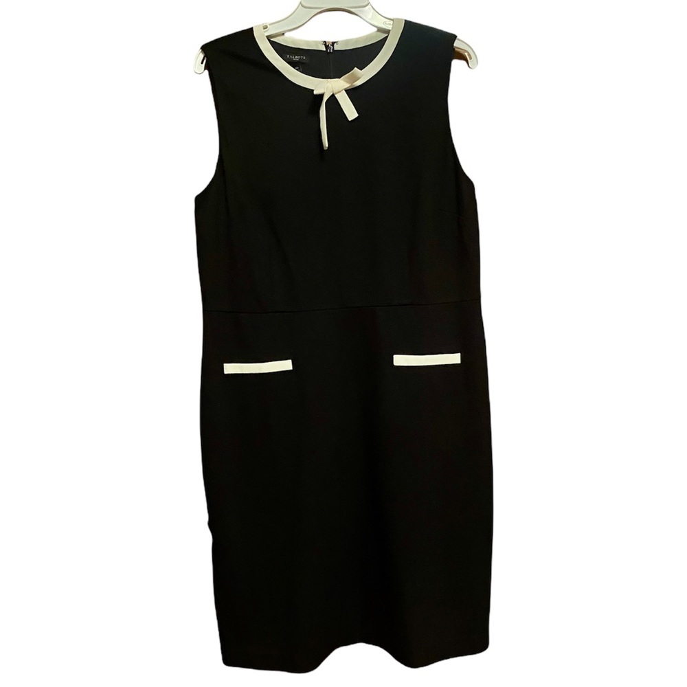Talbots Tipped Ponte Tie Neck Black Dress Sz 14 petite